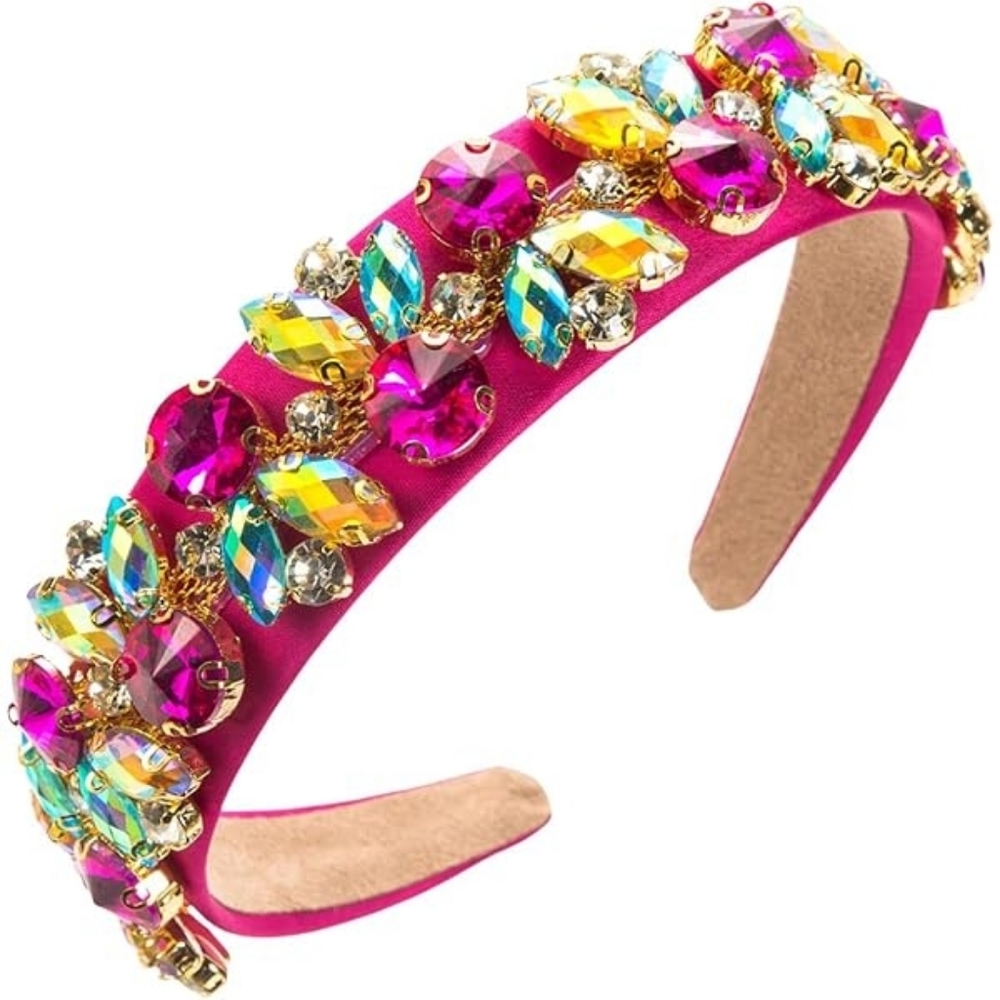 Elegant Baroque Vibrant Pink, Lemon & Aqua Gold Multi-Colored Jeweled Headband - Picture 1 of 4